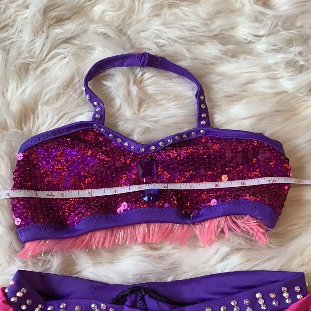 Purple and Pink two piece dance costume with Swarovski Crystals and sequins.